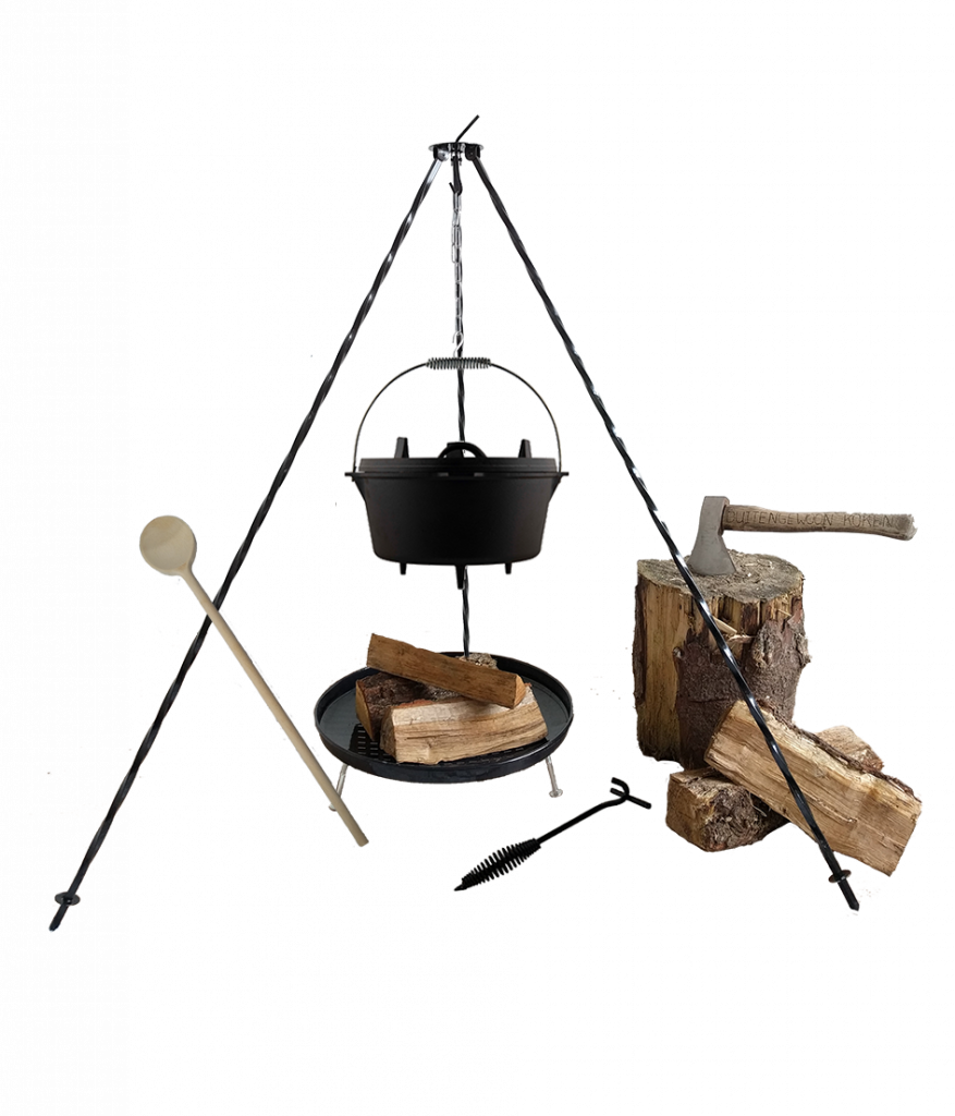 Dutch Oven set (6liter). Zowel aan driepoot als los in het vuur. Veelzijdig!